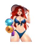  1girl alternate_costume artist_name bare_shoulders bikini black_hair blurry blurry_background blushyspicy bracelet breasts cleavage commentary cowboy_shot dated earrings eyepatch green_eyes hat holding holding_water_gun hoop_earrings jewelry large_breasts league_of_legends long_hair looking_at_viewer miss_fortune_(league_of_legends) nail_polish navel parted_lips pool_party_(league_of_legends) pool_party_miss_fortune red_bikini red_hair red_nails shiny_skin smile solo swimsuit water_gun wet 