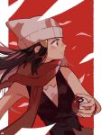  1girl beanie black_hair black_shirt blush closed_mouth commentary_request dawn_(pokemon) eyelashes floating_hair frown grey_eyes hat highres holding holding_poke_ball long_hair omyo_(myomyomyo22) poke_ball poke_ball_(basic) pokemon pokemon_(game) pokemon_dppt red_scarf scarf shirt signature sleeveless sleeveless_shirt solo upper_body white_headwear 