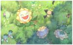  :d ^_^ border closed_eyes commentary_request day flower fomantis grass lying no_humans open_mouth outdoors petilil pichu pokemon pokemon_(creature) ragunosuke_(shin_kio28) shaymin shaymin_(land) sleeping smile smoliv standing sunflora sunkern tongue white_border 