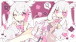  absurdres demon_girl heart heart_tail highres holding holding_knife hyuni_(character) indie_virtual_youtuber kitchen_knife knife mamimu_(ko_cha_22) multicolored_hair owl_girl pink_eyes pink_hair pink_ribbon ribbon school_uniform tail two-tone_hair white_hair 