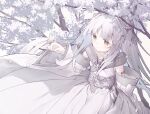  1girl animal_on_hand branch bug butterfly closed_mouth collarbone colored_eyelashes commentary_request detached_sleeves dress grey_background grey_eyes grey_hair hand_up long_hair long_sleeves original parted_bangs simple_background smile solo tokuno_yuika very_long_hair white_dress white_sleeves wide_sleeves 