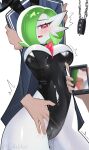  1girl absurdres animal_ears arm_grab arms_up black_leotard blue_jacket blush bob_cut breasts cameltoe cellphone censored chain collar colored_skin commentary covered_navel cowboy_shot disembodied_limb english_commentary fake_animal_ears fang gardevoir green_hair hair_over_one_eye half-closed_eyes hand_under_clothes highleg highleg_leotard highres holding holding_phone jacket large_breasts leotard long_sleeves looking_at_viewer mosaic_censoring one_eye_covered open_clothes open_jacket open_mouth phone playboy_bunny pokemon pokemon_(creature) pov pussy_juice rabbit_ears raised_eyebrows re1akko red_eyes restrained shiny_clothes short_hair skin_fang smartphone solo_focus spiked_collar spikes standing strapless strapless_leotard thick_thighs thighs track_jacket trembling white_skin wide_hips 