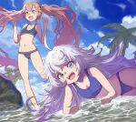  2girls bikini blue_eyes blush breasts brown_hair fang goddess_of_victory:_nikke long_hair looking_at_viewer lying miranda_(nikke) multiple_girls navel open_mouth poli_(nikke) skin_fang small_breasts smile swimsuit syope twintails very_long_hair water wet white_hair 