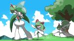  arm_blade blacknirrow carrying evolutionary_line field gallade gardevoir grass highres kirlia looking_at_another mountain no_humans piggyback pokemon pokemon_(creature) ralts shade sitting sitting_on_lap sitting_on_person smile tree weapon 