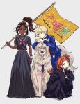  3girls absurdres animal bandages blonde_hair blue_eyes brown_eyes brown_hair dark-skinned_female dark_skin delinquent fire_emblem fire_emblem_engage flag full_body hair_ornament highres holding jewelry long_hair long_skirt merrin_(fire_emblem) multiple_girls necklace orange_hair panette_(fire_emblem) ponytail school_uniform short_hair skirt timerra_(fire_emblem) umi_(_oneinchswing) white_background wolf yellow_eyes 