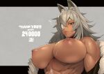  1girl abs animal_ears breasts choker dark-skinned_female dark_skin eyepatch fur_trim ghislaine_dedoldia highres large_breasts long_hair looking_at_viewer mikoyan muscular muscular_female mushoku_tensei nipples red_eyes scar scar_on_cheek scar_on_face scar_on_stomach solo 