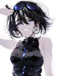  1girl bare_shoulders black_hair blue_eyes breasts earrings evil_grin evil_smile grin highres hoop_earrings jewelry large_breasts looking_at_viewer manicure misteor original short_hair sideboob simple_background smile solo sunglasses teeth white_background zipper 