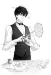  1boy black_hair black_vest bow bowtie greyscale gundongdejie hair_between_eyes klein_moretti lord_of_the_mysteries male_focus monochrome scissors shirt solo sweatdrop traditional_bowtie vest web_address white_shirt 