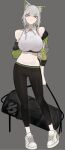  1girl alternate_costume animal_ear_fluff animal_ears arknights arms_behind_back artist_name bag bare_shoulders breasts cat_ears closed_mouth collared_shirt crop_top duffel_bag green_eyes grey_background grey_hair highres holding holding_bag kal&#039;tsit_(arknights) large_breasts looking_at_viewer midriff navel nuggetkouhai shirt shoes short_hair sneakers solo standing white_shirt 