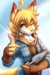  anthro blonde_hair blue_clothing blue_eyes blue_topwear clothed clothing eyebrow_through_hair eyebrows fangs fingerpads front_view fur glistening glistening_eyes hair hi_res holding_tablet holding_tablet_pen inner_ear_fluff kuttoyaki looking_at_viewer male mouth_closed pawpads solo teeth topwear translucent translucent_hair tuft whiskers white_body white_fur white_inner_ear_fluff yellow_body yellow_fur 