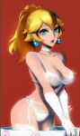  1girl alternate_costume blonde_hair blue_eyes bra breasts commentary detached_collar earrings elbow_gloves english_commentary gloves hair_between_eyes highres jewelry large_breasts lingerie lips lipstick long_hair looking_at_viewer makeup mario_(series) panties ponytail princess_peach red_background red_lips simple_background solo tommy_(kingdukeee) underwear white_bra white_gloves white_panties 