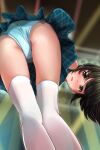  1girl black_hair blue_panties blue_skirt blush from_below green_eyes highres looking_at_viewer matsunaga_kouyou open_mouth original panties pantyshot plaid plaid_skirt short_hair skirt solo thighhighs underwear white_thighhighs 