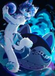  2023 anthro blue_eyes blue_tongue detailed_background domestic_cat featureless_crotch felid feline felis fur hi_res holding_object male mammal pawpads shusheng200520 single_tooth solo tongue white_body white_fur 