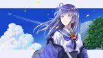  1girl blue_sailor_collar blush cloud grey_eyes jacket long_hair neckerchief nijisanji open_clothes open_jacket parted_lips pettan_(pettanmk4) ponto_nei ponto_nei_(1st_costume) purple_hair purple_jacket purple_neckerchief sailor_collar sky solo tree virtual_youtuber 