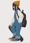 1girl backpack bag beanie black_bag black_eyes black_hair blue_overalls checkered_footwear commentary denim from_side full_body hand_in_pocket hat highres holding holding_skateboard long_sleeves low_twintails medium_hair nao97122 original overalls profile shoes sidelocks simple_background skateboard sneakers solo standing sweater twintails vans white_background white_sweater yellow_headwear zipper zipper_pull_tab 
