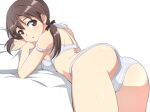 1girl ass blush bra breasts brown_eyes brown_hair gertrud_barkhorn hair_ribbon large_breasts long_hair looking_at_viewer looking_back nanashino open_mouth panties ribbon simple_background solo strike_witches twintails underwear white_background white_bra white_panties world_witches_series 