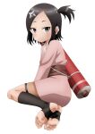  1girl barefoot black_eyes black_hair dress feet highres knees kunoichi_tsubaki_no_mune_no_uchi light_blush looking_at_viewer medium_hair ninja riokasen short_hair shuriken side_ponytail simple_background soles solo stirrup_legwear toeless_legwear toes touwata_(kunoichi_tsubaki_no_mune_no_uchi) weapon white_background 