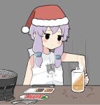  1girl alcohol beer beer_mug bib binchou_maguro black_eyes blush_stickers chopsticks commentary_request cup expressionless food grey_background grill hair_ornament hair_scrunchie hat holding holding_cup jacket jacket_removed jitome light_purple_hair meat motion_lines mug okhotsk_yukari santa_hat sauce scrunchie short_hair_with_long_locks slam sleeveless solid_eyes solo table tongs upper_body vocaloid voiceroid yakiniku yuzuki_yukari 