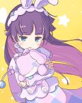  1girl animal_ears blue_eyes blush dress feli_(puyopuyo) highres holding holding_stuffed_toy hugging_own_legs jazz_grace long_hair looking_at_viewer purple_hair puyopuyo puyopuyo_fever rabbit_ears star_(symbol) stuffed_animal stuffed_toy white_dress yellow_background 