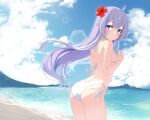  1girl ahoge alternate_costume ass azur_lane back bare_arms bare_shoulders bikini blue_sky blush breasts closed_mouth cloud commentary_request day flower from_behind hair_flower hair_ornament halterneck highres long_hair ocean outdoors purple_eyes purple_hair shore shoulder_blades side-tie_bikini_bottom sky small_breasts smile solo string_bikini sukireto sunlight swimsuit unicorn_(azur_lane) very_long_hair white_bikini 