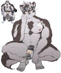  1boy ? abs animal_ears bandaged_foot bandages bara character_request copyright_request covered_penis dog_boy dog_ears dog_tail feet forked_eyebrows full_body furry furry_male hand_on_own_cheek hand_on_own_face headband highres jcxraf light_frown looking_at_viewer male_focus navel nipples nude orange_eyes pectorals pubic_hair reference_inset signature simple_background solo squatting tail thighs toes white_background 