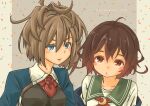  2girls absurdres ascot blue_eyes blue_jacket brown_eyes brown_hair crescent crescent_pin flower gradient_hair green_sailor_collar highres jacket kantai_collection long_hair looking_at_viewer messy_hair military_uniform multicolored_hair multiple_girls mutsuki_(kancolle) mutsuki_kai_ni_(kancolle) neck_flower neckerchief pot-de red_ascot red_flower red_hair red_neckerchief red_rose rose sailor_collar school_uniform serafuku sheffield_(kancolle) short_hair uniform upper_body 