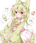  1girl animal_ears blush bow braid closed_mouth cupcake floral_print flower food frilled_kimono frills green_bow green_kimono hair_between_eyes hair_bow hair_flower hair_ornament hand_up highres japanese_clothes kimono kokoshira_0510 light_green_hair long_sleeves looking_at_viewer original pink_bow red_eyes sleeves_past_wrists smile solo twin_braids white_background wide_sleeves wrist_cuffs 
