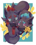  alternate_color blue_background border flower kechon-san looking_at_viewer no_humans open_mouth pokemon pokemon_(creature) shiny_pokemon white_border yellow_flower zorua 