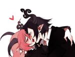  1boy 1girl ahoge bat_wings black_dress black_hair black_horns black_nails blush couple curled_horns demon_boy demon_girl demon_horns dress egg-byo formal french_kiss funamusea haiiro_teien heart hetero horns husband_and_wife kiss lil_(funamusea) looking_at_another pointy_ears purple_eyes red_eyes satanick suit tongue wings 