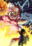  1girl 4boys acpuig black_hair charlotte_linlin cloud curly_hair empty_eyes fire hat hat_removed headwear_removed highres lightning lipstick long_hair makeup monkey_d._luffy multiple_boys napoleon_(one_piece) one_piece open_mouth pink_hair pirate_hat prometheus_(one_piece) short_hair smile straw_hat teeth thunder tongue tongue_out web_address zeus_(one_piece) 