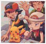  1girl 2boys ash_ketchum black_hair blue_hair brock_(pokemon) brown_hair clean closed_eyes commentary_request curry curry_rice dawn_(pokemon) eating food food_on_hand getting_up hat looking_at_another multiple_boys multiple_girls pikachu pokemon pokemon_(anime) pokemon_(creature) rice short_hair sitting sparkle table umebosibakari2 utensil_in_mouth whiskers 