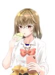  1girl absurdres bow bread brown_eyes brown_hair cellphone clothes_around_waist eating food hand_up highres holding holding_phone medium_hair melon_bread open_mouth phone pink_bow school_uniform shiraco_(sgdv2435) simple_background smartphone solo uniform white_background 