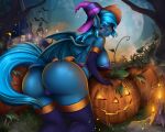  5:4 absurd_res anthro ashimaroo bat_pony big_butt breasts butt clothing equid fan_character female genitals hasbro hat headgear headwear hi_res jack-o&#039;-lantern mammal membrane_(anatomy) membranous_wings my_little_pony nipple_outline pussy solo wings witch_hat 
