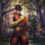  forest grass guy_(final_fight) muscular muscular_male nature ninja scarf serious stepping_stones street_fighter tree 