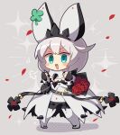  1girl ahoge black_gloves blue_eyes boots bouquet bracelet breasts cleavage cleavage_cutout clothing_cutout clover collar dress elphelt_valentine fingerless_gloves flower four-leaf_clover gloves guilty_gear guilty_gear_xrd hairband highres holding holding_bouquet huge_ahoge itsuka_neru jewelry large_breasts looking_at_viewer medium_hair open_mouth petals red_flower red_rose rose rose_petals simple_background smile spiked_bracelet spiked_collar spiked_hairband spikes thigh_boots white_dress white_footwear white_hair 