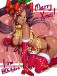  1girl bare_shoulders bell bikini bleach bow breasts christmas christmas_lights cleavage dark-skinned_female dark_skin dirty_ero elbow_gloves fur_trim gloves hair_bow long_hair looking_at_viewer merry_christmas mistletoe mistletoe_hair_ornament neck_bell ponytail purple_hair red_bow red_gloves santa_bikini shihouin_yoruichi solo swimsuit thighhighs twitter_username yellow_eyes 