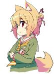  1girl animal_ear_fluff animal_ears blonde_hair blush borrowed_character closed_mouth commentary_request cropped_torso fox_ears fox_girl fox_tail green_shirt hair_between_eyes hair_bun hair_ornament highres kemomimi-chan_(naga_u) long_sleeves necktie orange_necktie original red_eyes roku_no_hito sailor_collar shirt simple_background smile solo tail upper_body white_background white_sailor_collar 