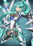  absurdres armor bodysuit breasts cleavage covered_navel green_eyes grey_hair headband high_heels highres holding holding_sword holding_weapon large_breasts long_hair pneuma_(xenoblade) ponytail reaching_towards_viewer ryochan96154 sword thighs weapon xenoblade_chronicles_(series) xenoblade_chronicles_2 