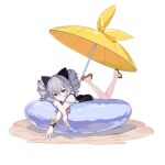  1girl bronya_zaychik drill_hair food grey_hair holding holding_food holding_ice_cream honkai_(series) honkai_impact_3rd ice_cream lying official_art sandals solo swimsuit third-party_source umbrella 