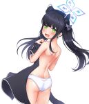  1girl :o absurdres animal_ear_fluff animal_ears ass bare_back black_dress black_hair blue_archive blunt_bangs blush bow china_dress chinese_clothes commentary_request covering covering_breasts dress embarrassed from_behind green_eyes hair_bow hair_ribbon halo highres holding holding_clothes jihi long_hair looking_at_viewer looking_back panties ribbon short_sleeves shoulder_blades shun_(blue_archive) shun_(small)_(blue_archive) sidelocks simple_background solo sweatdrop tiger_ears tiger_girl twintails underwear white_background white_panties 