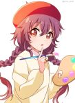  1girl alternate_costume beret braid finger_to_mouth hair_between_eyes hat holding holding_paintbrush holding_palette long_hair long_sleeves looking_at_viewer nnn_yryr open_mouth orange_eyes paintbrush palette_(object) purple_hair red_headwear simple_background solo sugiura_ayano sweater twin_braids twitter_username upper_body white_background yuru_yuri 