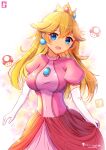  1girl blonde_hair blue_brooch blue_eyes breasts brooch capelet chinchongcha crown dress earrings elbow_gloves eyebrows_hidden_by_hair gloves highres jewelry long_hair mario mario_(series) pink_dress princess_peach smile white_gloves 