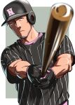  1boy baseball_bat baseball_helmet black_gloves black_headwear black_shirt blurry blurry_foreground commentary_request depth_of_field facial_hair gloves grey_background grey_hair helmet highres holding holding_baseball_bat looking_at_viewer maimoto_keisuke male_focus nijisanji pettan_p pink_shirt shirt short_sleeves solo stubble two-tone_background upper_body v-shaped_eyebrows virtual_youtuber white_background 