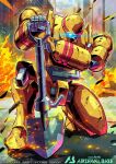  blue_eyes city damaged desperado_(gundam_age) embers glowing glowing_eye gundam gundam_age gundam_arsenal_base holding holding_shovel looking_at_viewer mecha mobile_suit no_humans official_art one-eyed one_knee robot shovel solo yasukuni_kazumasa 