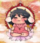  &lt;o&gt;_&lt;o&gt; 1girl :3 animal_ears barefoot black_hair blush carrot_necklace chibi commentary_request dress east_(eastbighelp) flat_chest floppy_ears flower full_body inaba_tewi jewelry looking_at_viewer lotus lotus_pedestal lotus_position medium_bangs medium_hair mudra necklace on_flower open_mouth pink_dress pink_flower rabbit_ears rabbit_girl ribbon-trimmed_dress smile smug solo touhou vitarka_mudra wavy_hair 