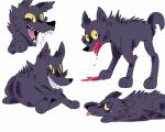  5:4 ambiguous_gender black_body black_ears black_fur black_tail canid canine canis eyelashes eyeshadow fangs feral fur implied_blood makeup mammal paws puppkittyfan1 quadruped solo tail teeth tongue wolf yellow_sclera 