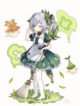  +_+ 1girl absurdres alternate_costume apron blush broom dot_mouth dress enmaided falling_leaves frilled_apron frills genshin_impact gradient_hair green_dress green_eyes green_hair grey_hair guzangnanfeng hair_between_eyes hand_up highres holding holding_broom leaf looking_at_viewer maid multicolored_hair nahida_(genshin_impact) no_shoes one_eye_closed pantyhose petticoat ponytail puffy_short_sleeves puffy_sleeves rubbing_eyes short_sleeves sidelocks simple_background solo thighlet white_apron white_background white_pantyhose 