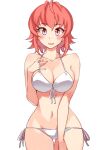  1girl :d ass_visible_through_thighs bare_arms bare_shoulders bikini blush breasts cleavage collarbone cowboy_shot front-tie_bikini_top front-tie_top hand_on_own_chest kusanagi_tonbo large_breasts looking_at_viewer mitsuru-kun_(kusanagi_tonbo) navel open_mouth orange_eyes original pink_hair ribbon short_hair side-tie_bikini_bottom simple_background smile solo stomach swimsuit thigh_gap white_background white_bikini white_ribbon 