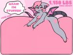  anthro bat belly big_belly blush blush_lines breasts dialogue eyes_closed featureless_breasts female food fur grey_body grey_fur growth_drive hair hand_on_stomach hyper hyper_belly immobile lying mammal nude on_front pink_hair pom_(pompuffy) pompuffy_(artist) smile solo speech_bubble stuffing tail text thick_thighs wings 
