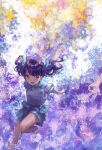  1girl abstract_background black_hair blue_ribbon blue_sailor_collar blue_skirt blush bubble fangs fukumaru_koito hai_bokusha hair_ribbon highres idolmaster idolmaster_shiny_colors knee_up looking_away multicolored_background open_mouth outstretched_arms pleated_skirt purple_eyes ribbon sailor_collar shoes short_sleeves skin_fangs skirt socks solo twintails 